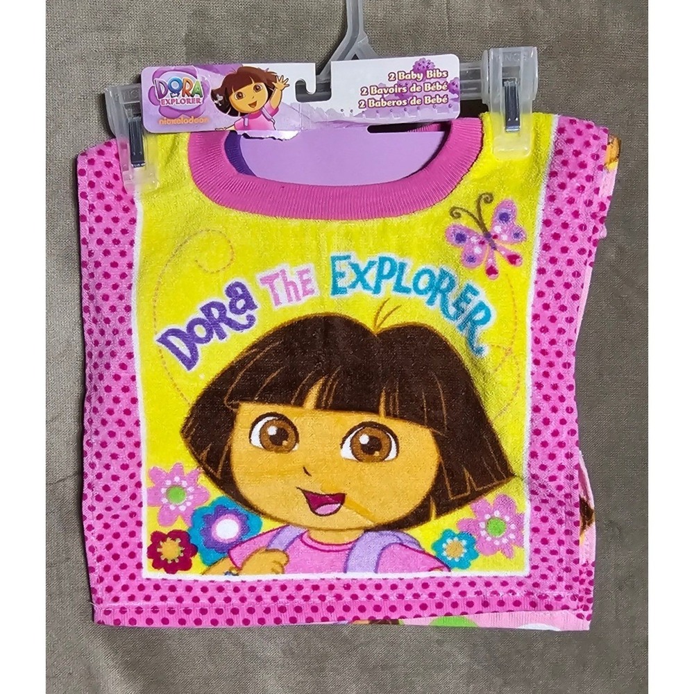 Dora the Explorer Baby Bibs 2 Pack Nickelodeon Pink Yellow Pullover Terry Cotton